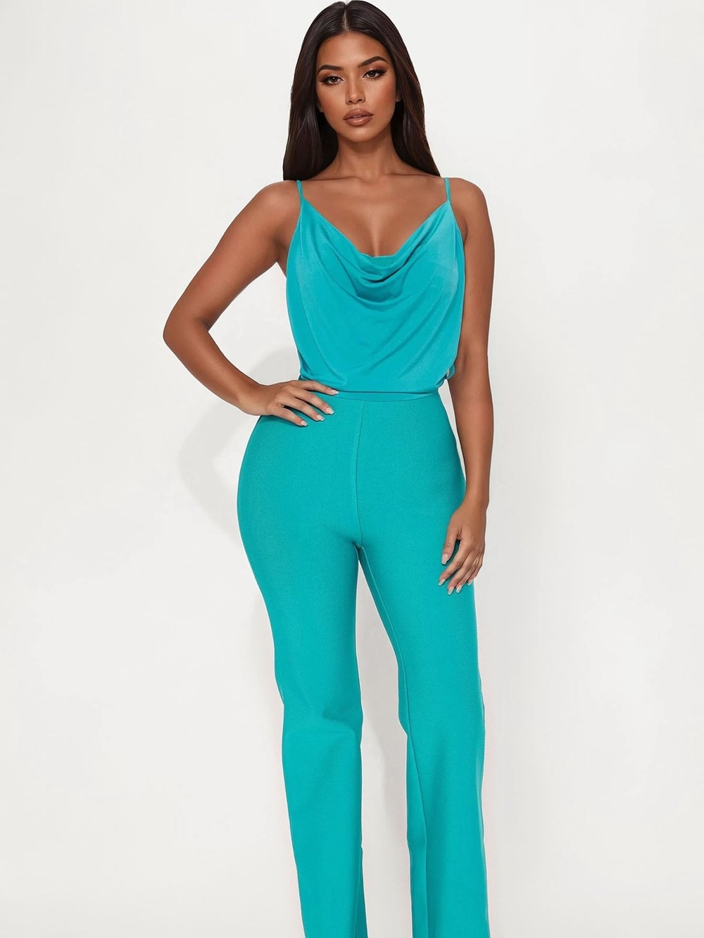 Cowl Neck Teal Jumpsuit - Women Pants & Jumpsuits